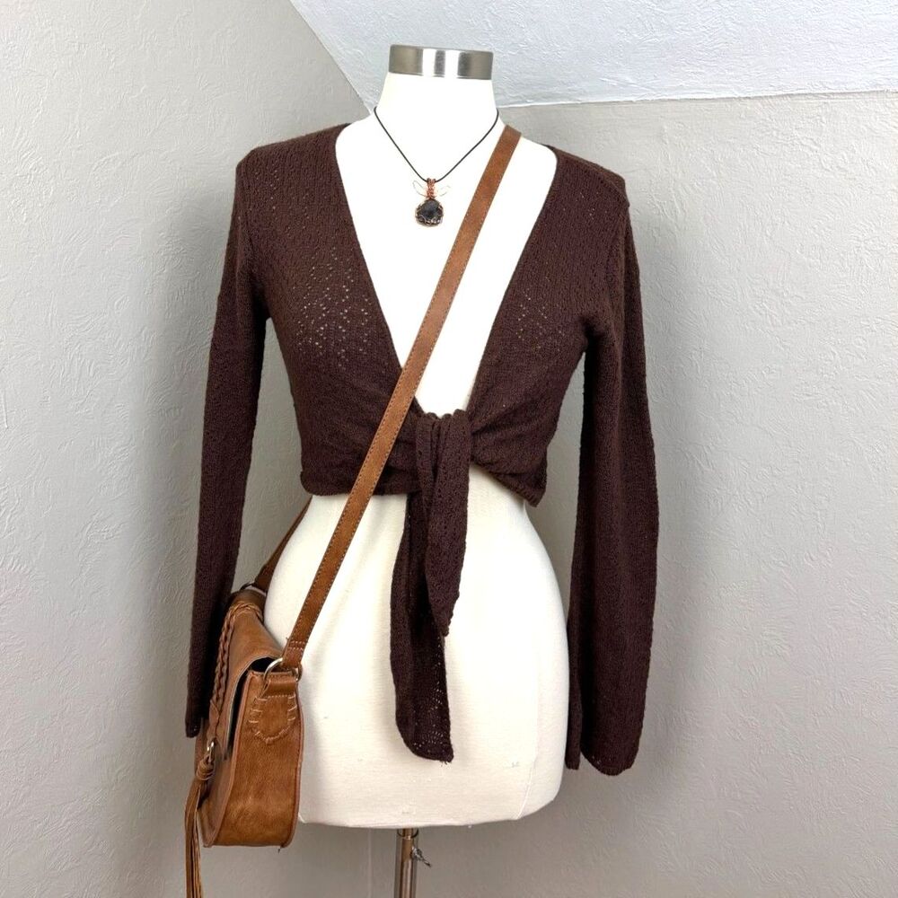 Vintage Brown Open Front Long Sleeve Crochet Knit Shrug Cardigan Sweater L